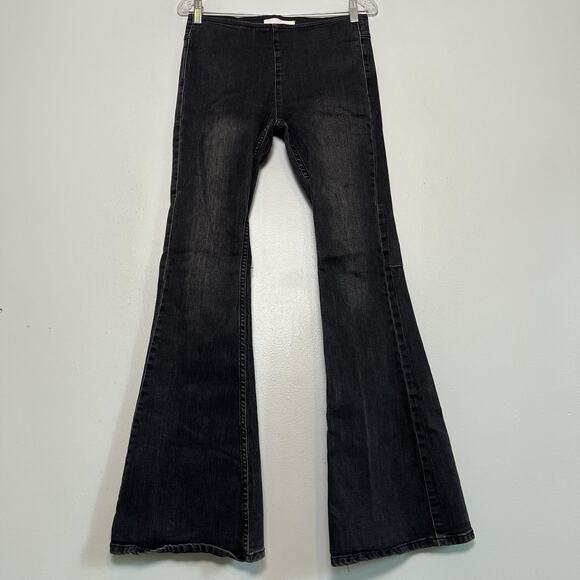 Newbury Kustom Jeans Womens Sz M Black Bell Bottom Flare Stretch Pull On 30x33 - Picture 1 of 12